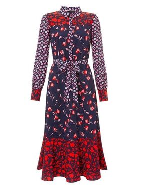 Boden Navy and Red Floral Midi Shirt Dress
